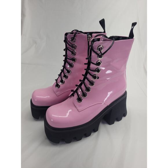 LA MODA Platform Combat Boots Goth Lace Up Side Zip Pink Patent Leather Size 7 - Picture 2 of 16